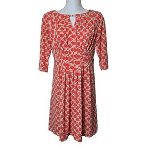 Tahari Arthur S Levine Dress Womens 2 Coral Beige Polka Dot Keyhole Neck Pintuck